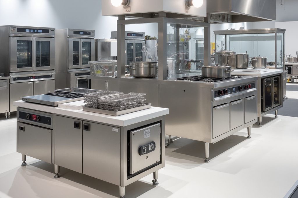 Moderne Edelstahlküche mit Kochgeräten und Arbeitsflächen.