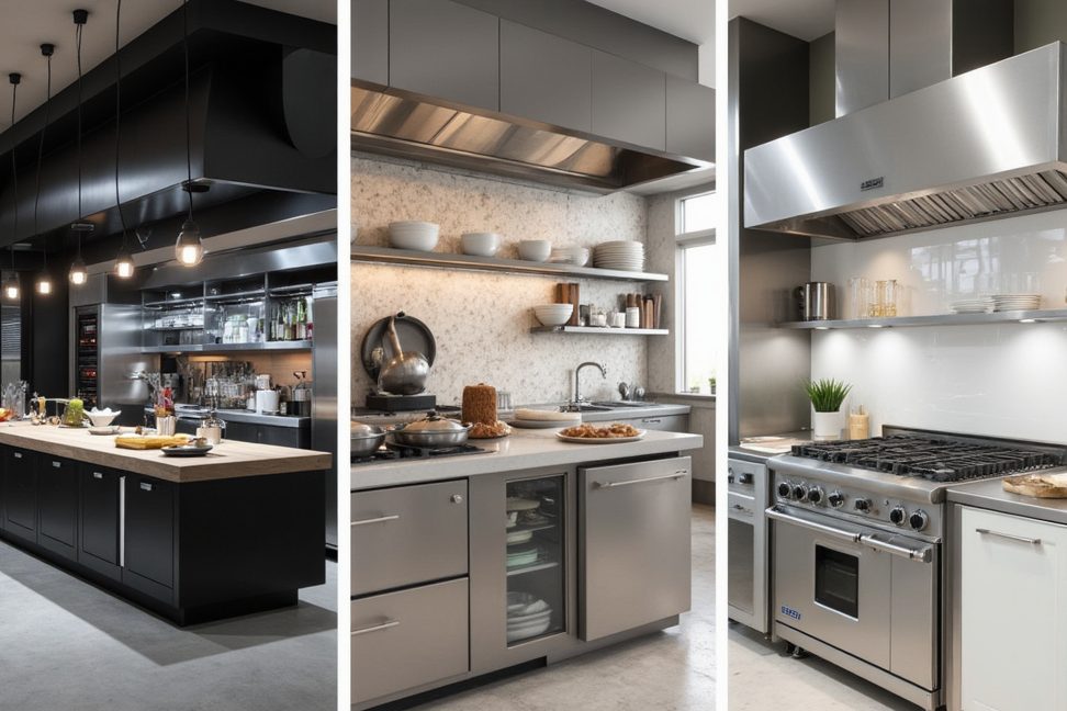 Moderne Küchen mit eleganten schwarzen und silbernen Oberflächen, Holzarbeitsflächen und Zubehör.