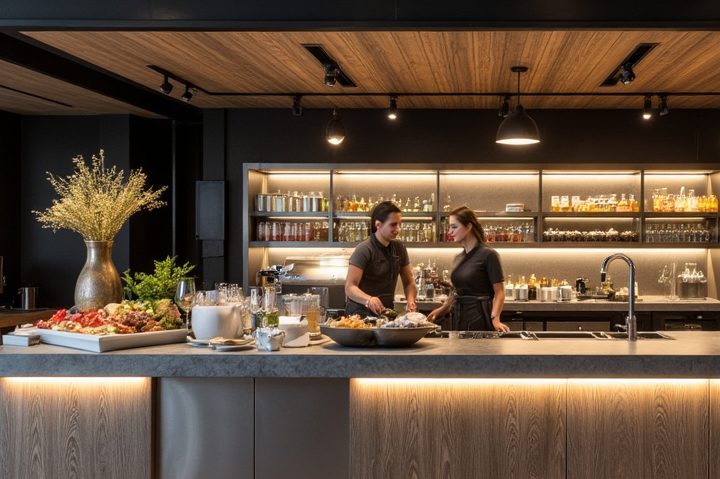 Zwei Personen mit Snacks und Getränken auf der Theke.